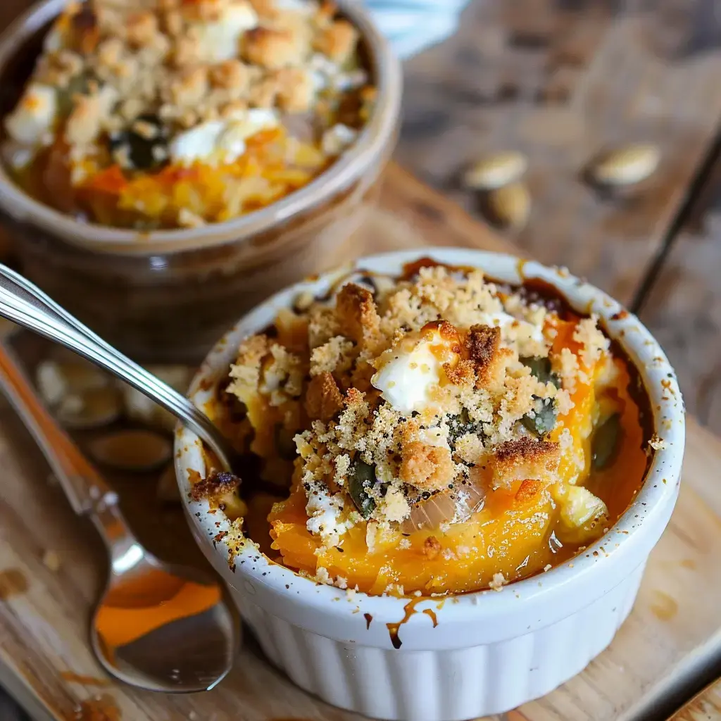 Small dishes filled with golden pumpkin crumble served on a wooden board.