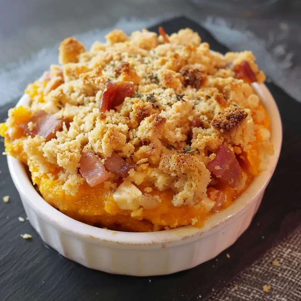 A dish with creamy squash purée and bacon bits, topped with a thick layer of golden, crispy breadcrumbs.