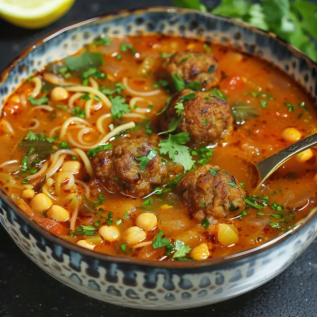 A steaming bowl of spiced soup with meatballs, noodles, and chickpeas topped with fresh cilantro.