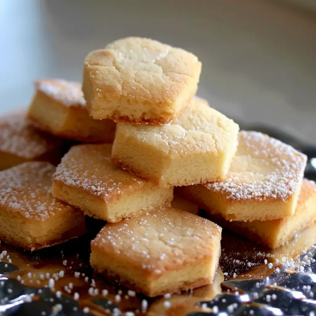 A stack of sugar-dusted hexagonal cookies on a tray.
