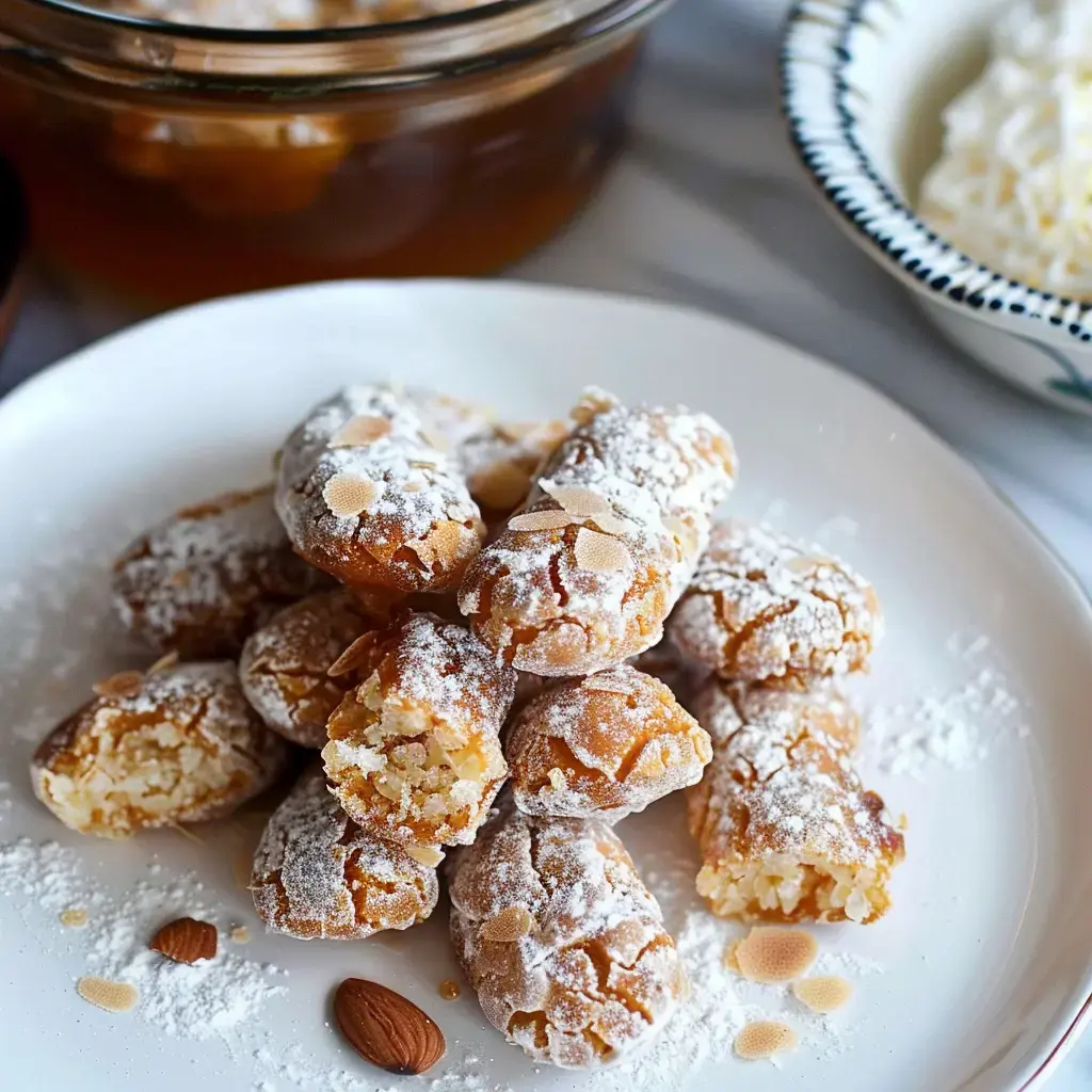 Stacked powdered sugar cookies on a plate surrounded by almonds and a jar of syrup in the background.