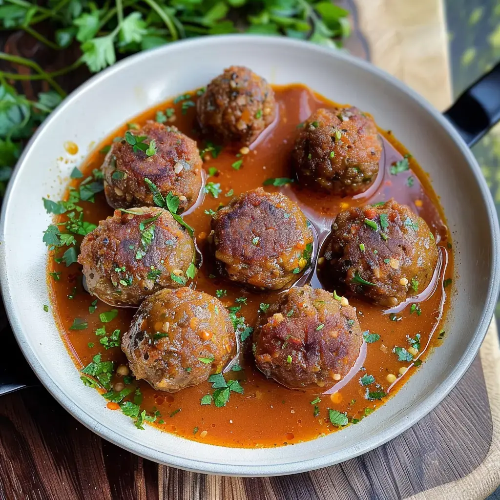 Flavor-packed veggie balls with fresh herbs in a spiced tomato sauce.
