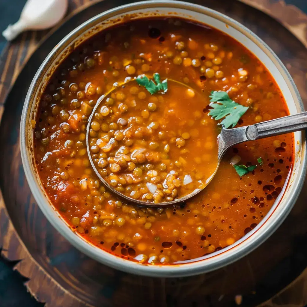 A bowl of lentil soup topped with fresh cilantro leaves and a metal spoon.