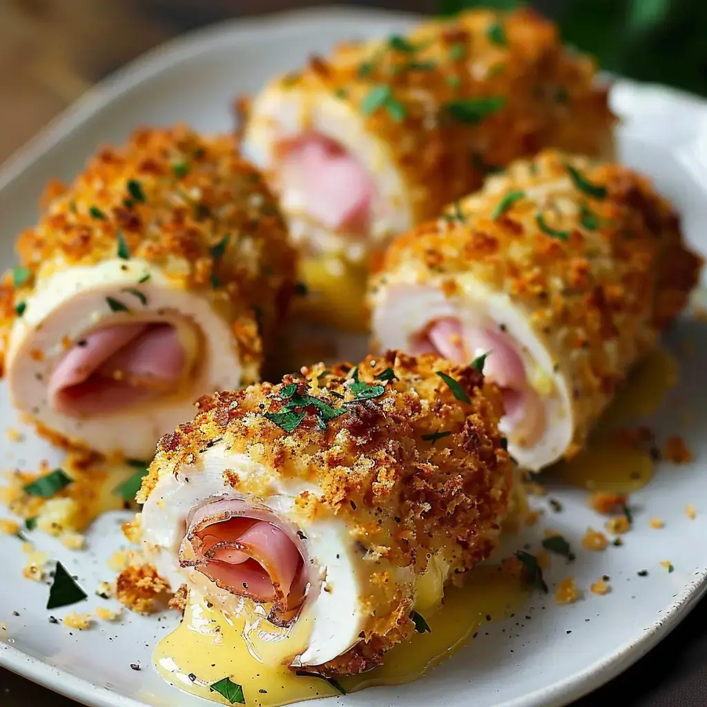 Four crispy rolls filled with ham and cheese served alongside a yellow sauce on a plate.