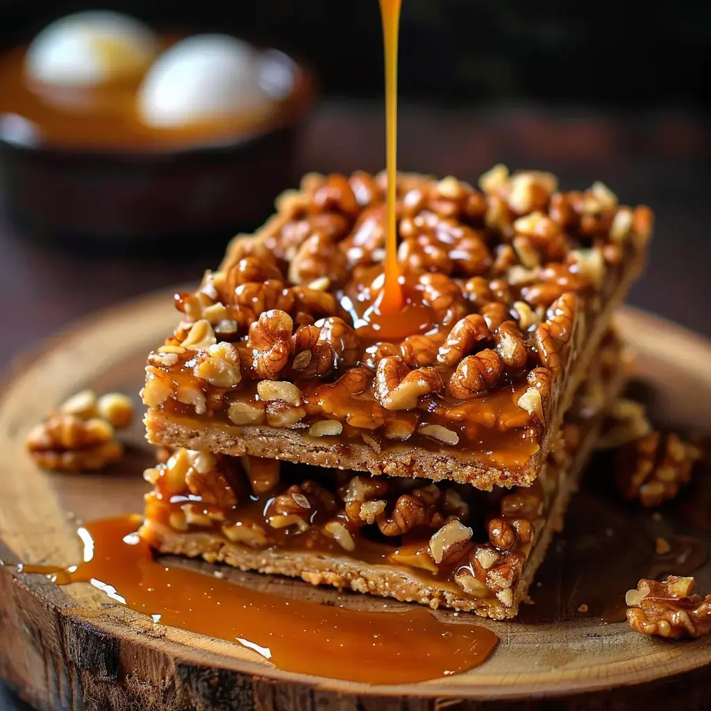 Wooden board with caramel walnut bars and dripping caramel, plus eggs in a bowl in the background.