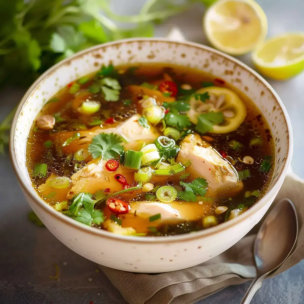 Bowl of warm chicken soup garnished with cilantro, green onions, and chili slices, served with lemon wedges on the side.