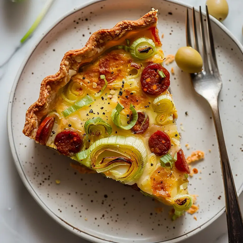 A slice of tart with leeks and chorizo on a plate, served with a fork beside it.