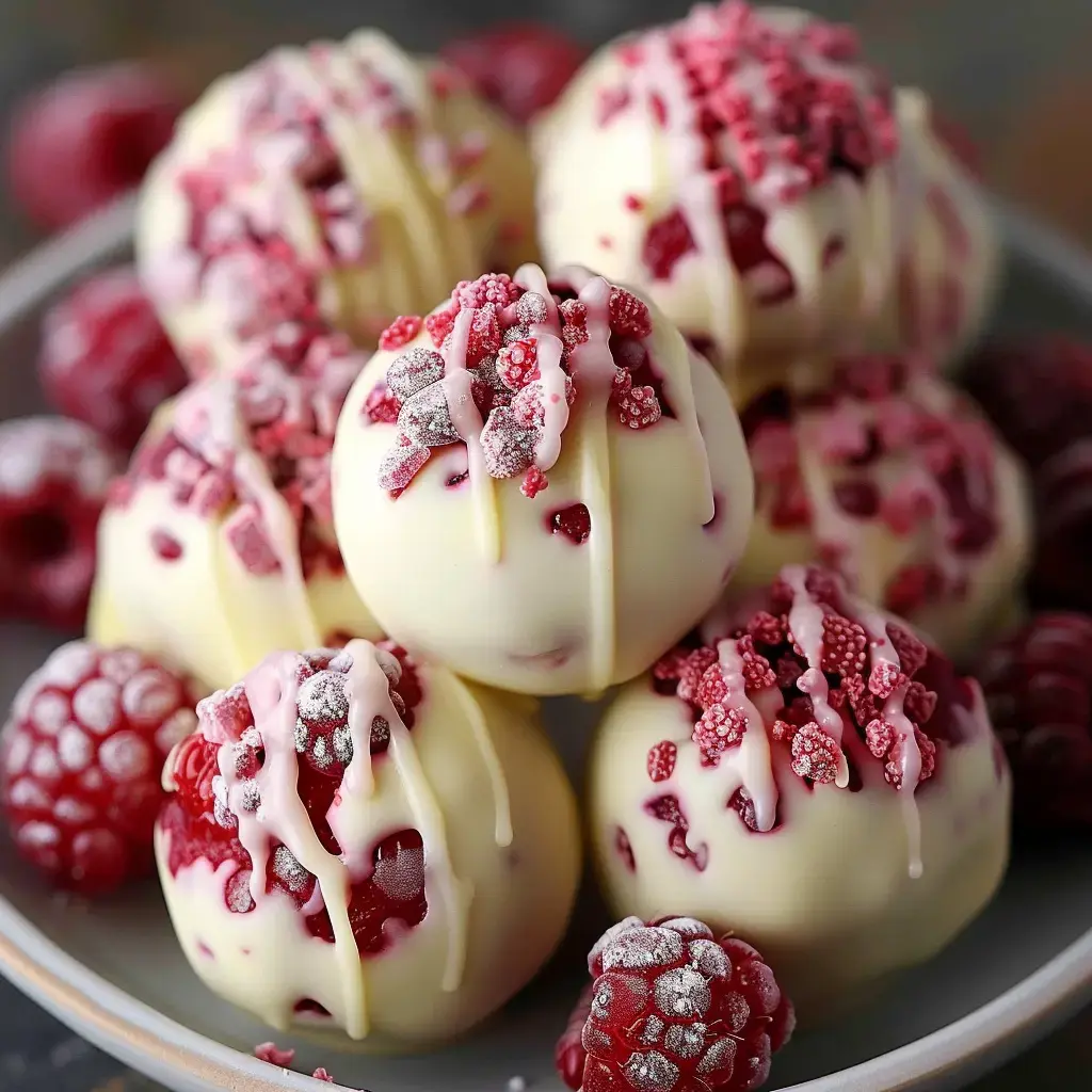 Petites boules blanches garnies au cœur de framboises, décorées d'éclats roses et argentés, sur une assiette.