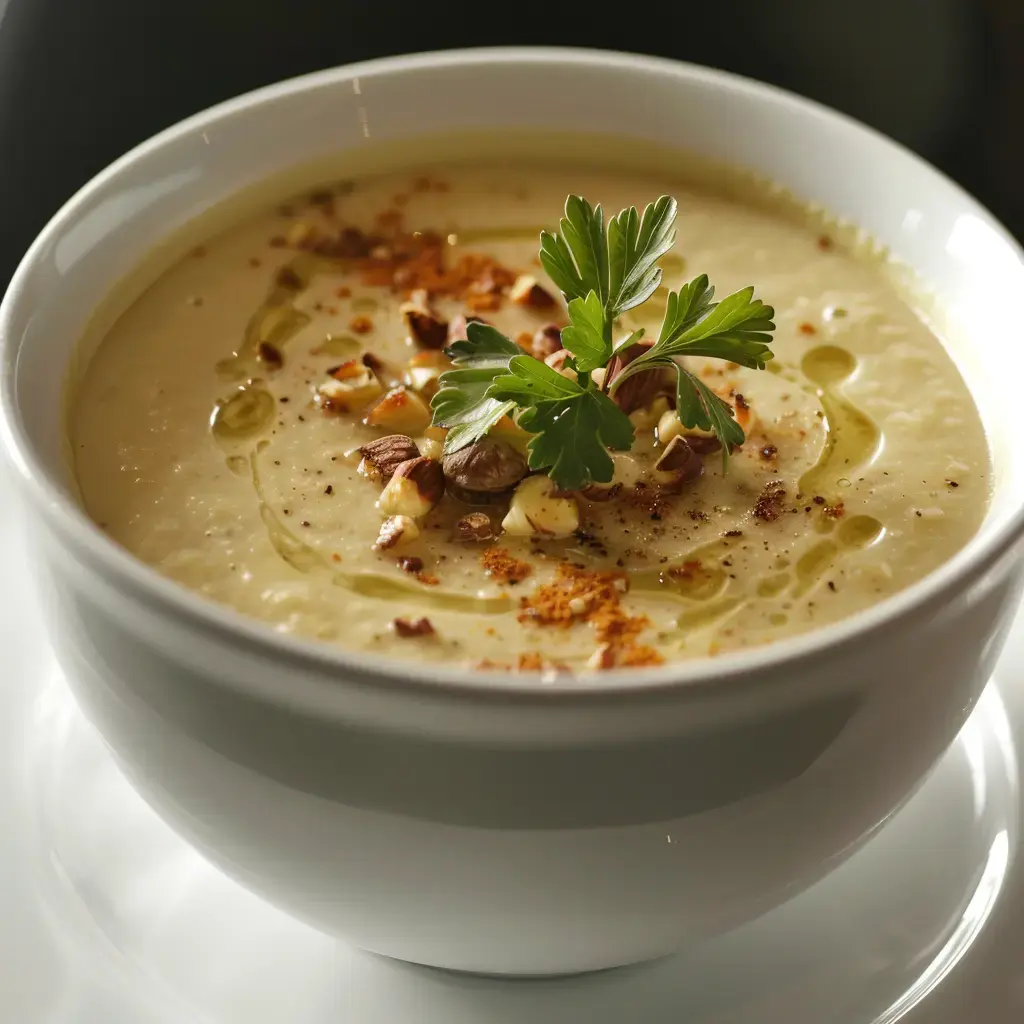 Creamy soup in a bowl garnished with nuts, olive oil, paprika, and a sprig of parsley.