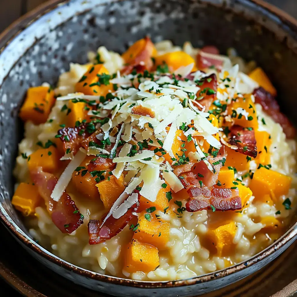 A bowl of creamy risotto topped with roasted butternut chunks, crispy bacon bits, and grated cheese.