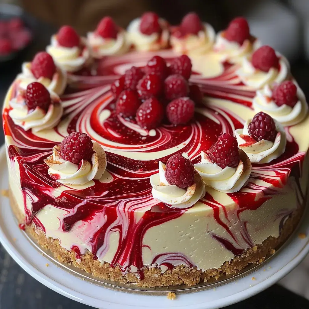A white chocolate cake topped with raspberries and a bright red drizzle on a buttery biscuit base.