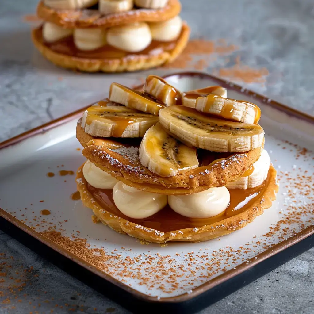 A delightful tart made with biscuit layers, cream, caramel, and banana slices, served on a plate.