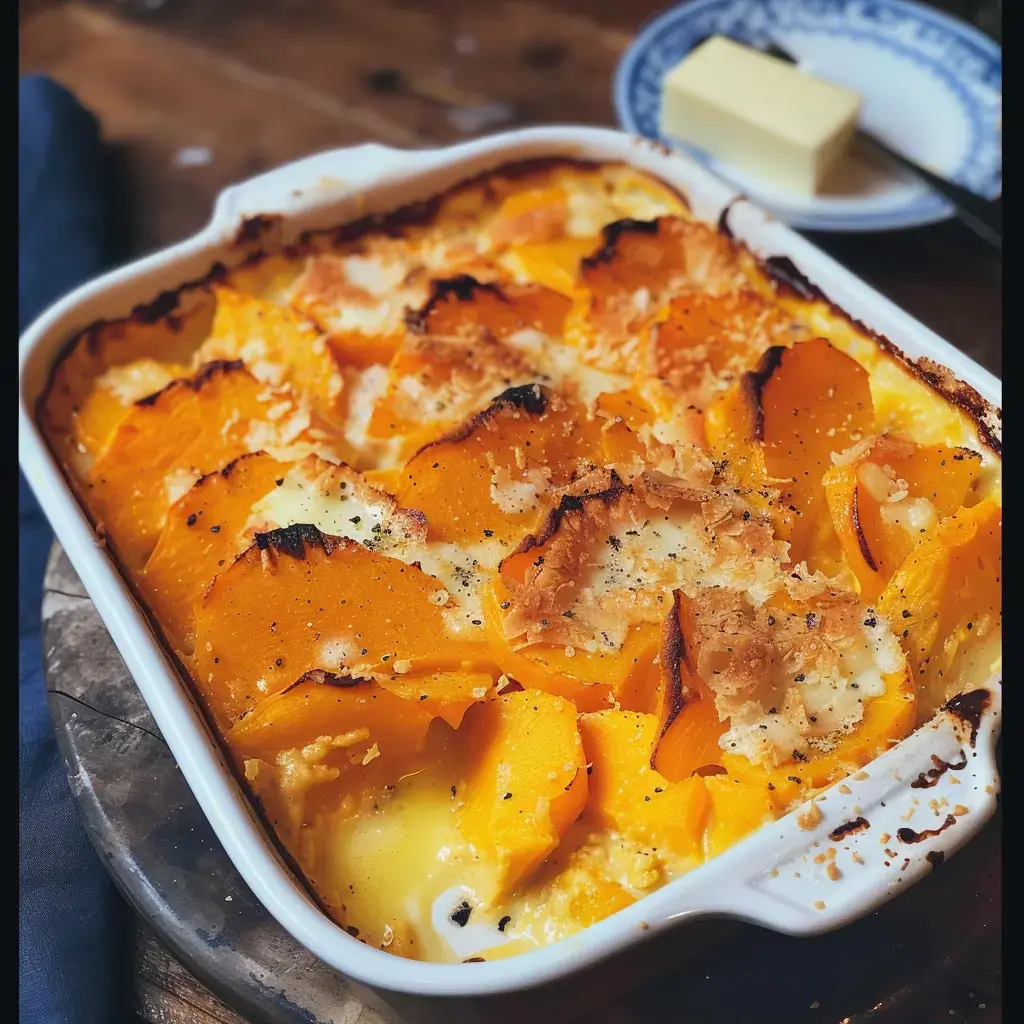 A golden, crispy butternut squash gratin served with a pat of butter on the side.