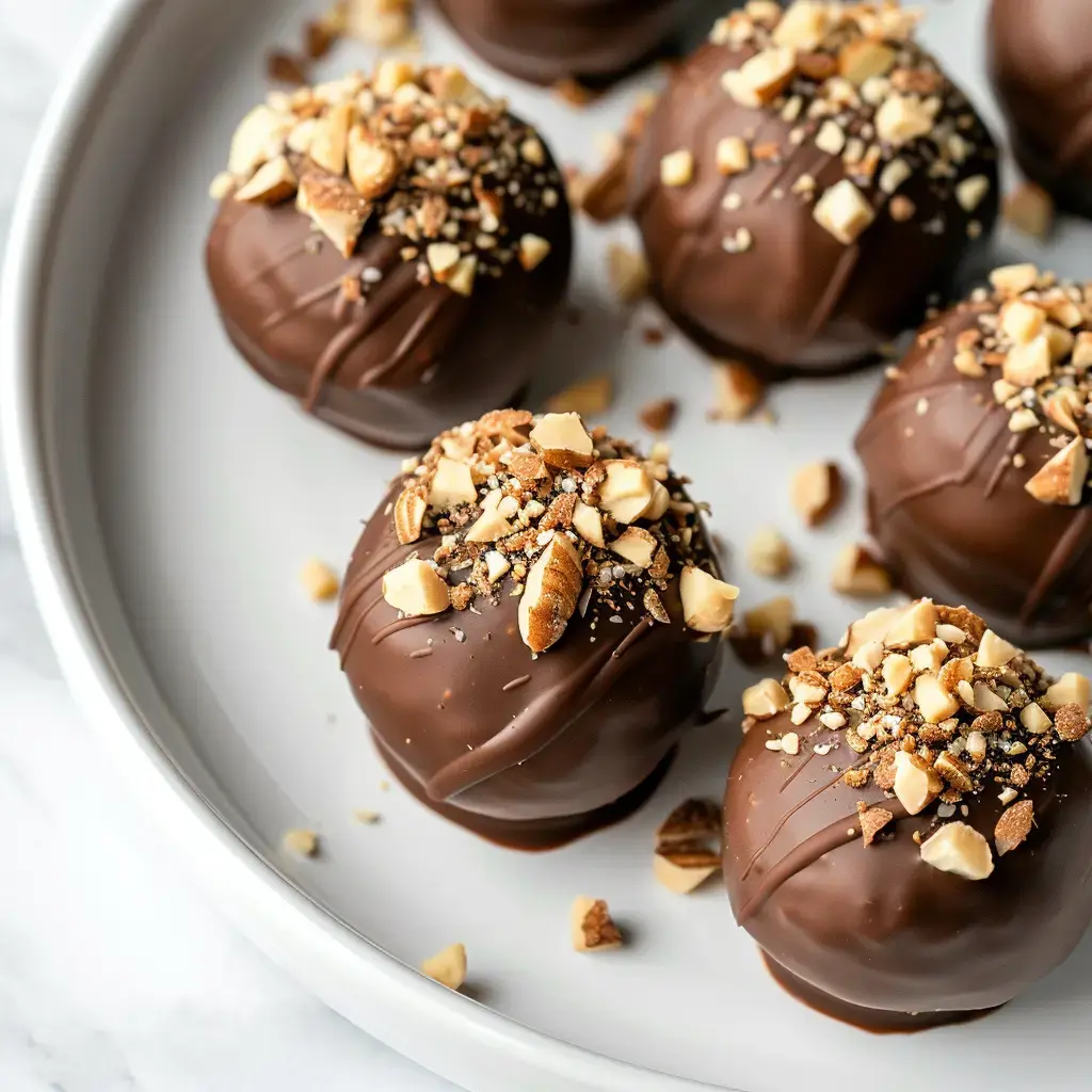 Chocolate balls decorated with nut pieces on a white plate.