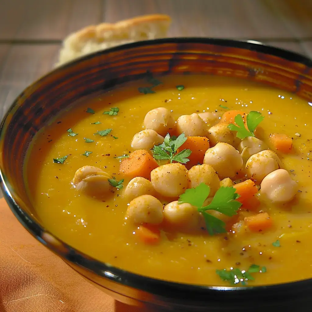 A creamy soup served with chickpeas, carrots, and fresh parsley in a black bowl.