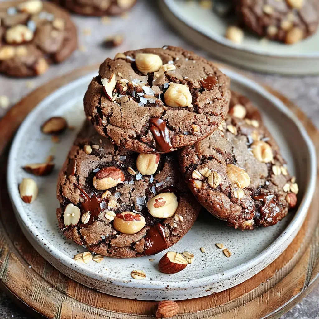 Chocolate cookies garnished with nut pieces and oats, served on a plate.