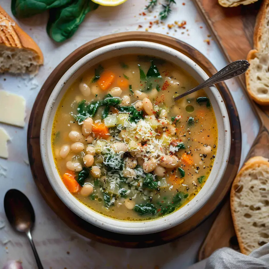 A bowl filled with white bean soup, spinach, and carrots, topped with shredded cheese and served with crusty bread.