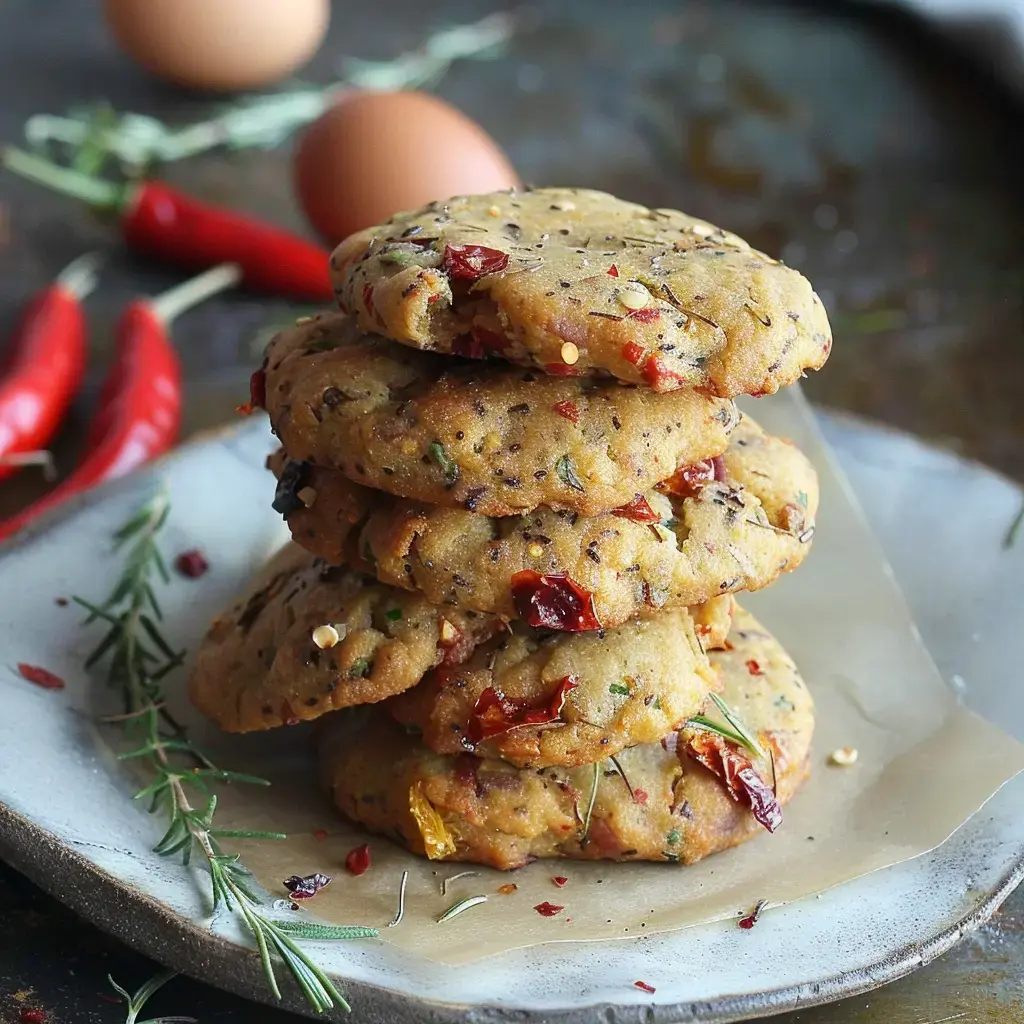 A stack of savory cookies garnished with peppers, herbs, and other ingredients on a plate.