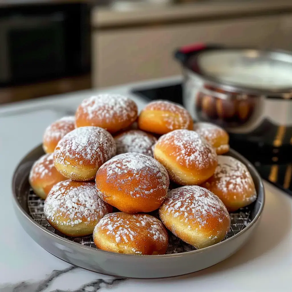 A plate stacked with powdered sugar-covered donuts, with a pot in the background.