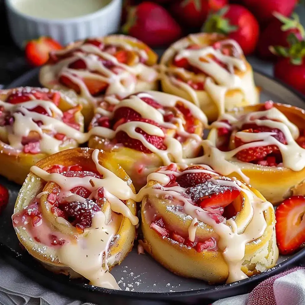 Fluffy rolls filled with sweet strawberries and topped with creamy frosting.