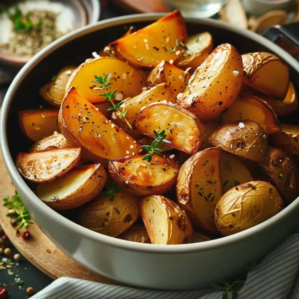 Bowl of roasted potatoes seasoned with herbs and spices.