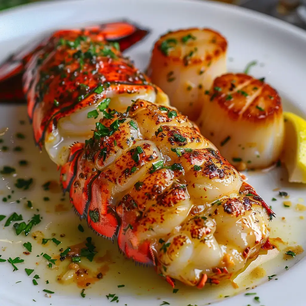 A grilled lobster served with scallops and lemon slices, garnished with parsley.