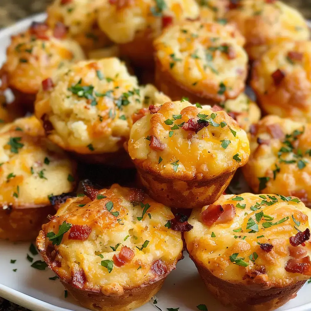 A plate filled with savory muffins topped with cheese, bacon bits, and fresh parsley.