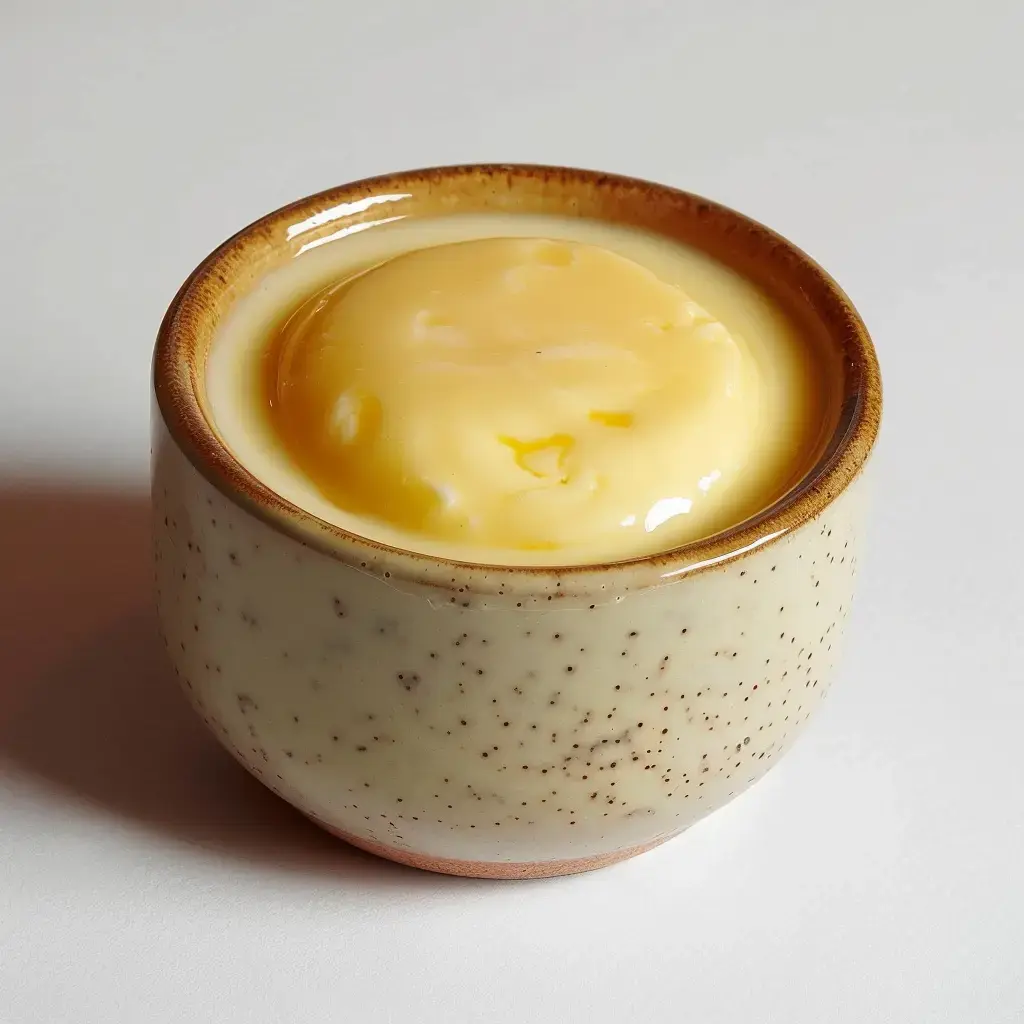 A small ceramic bowl filled with creamy yellow dessert.