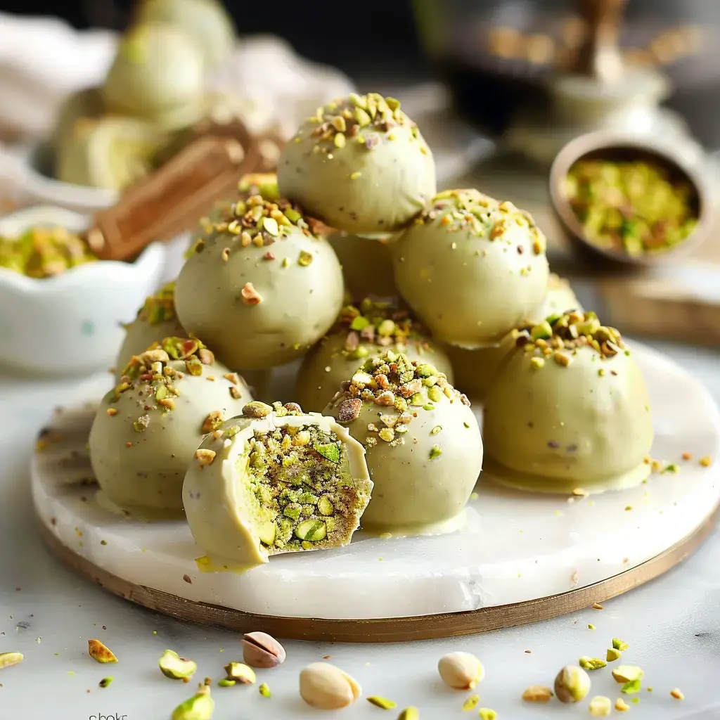 Round white chocolate and pistachio treats served on a marble tray.