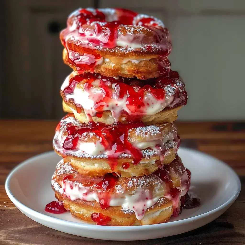Four stacked donuts filled with creamy cheese and strawberry sauce, dusted with powdered sugar.