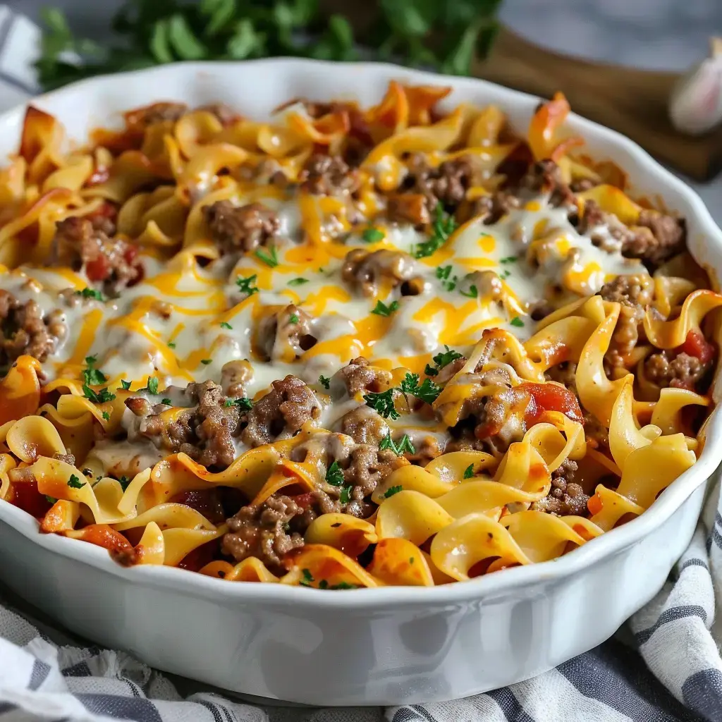 A white dish full of pasta topped with ground beef, tomato sauce, and gooey melted cheese.