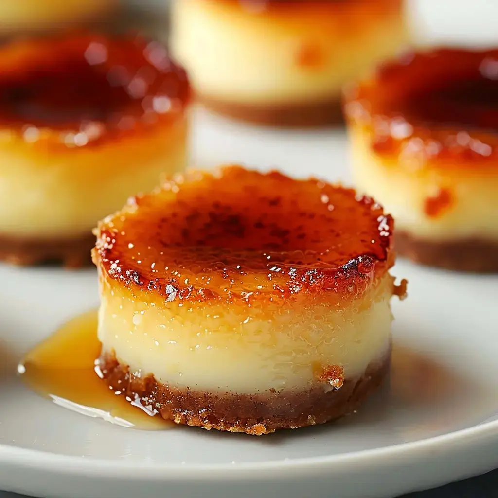 Small cheesecakes with caramelized tops served on a plate.