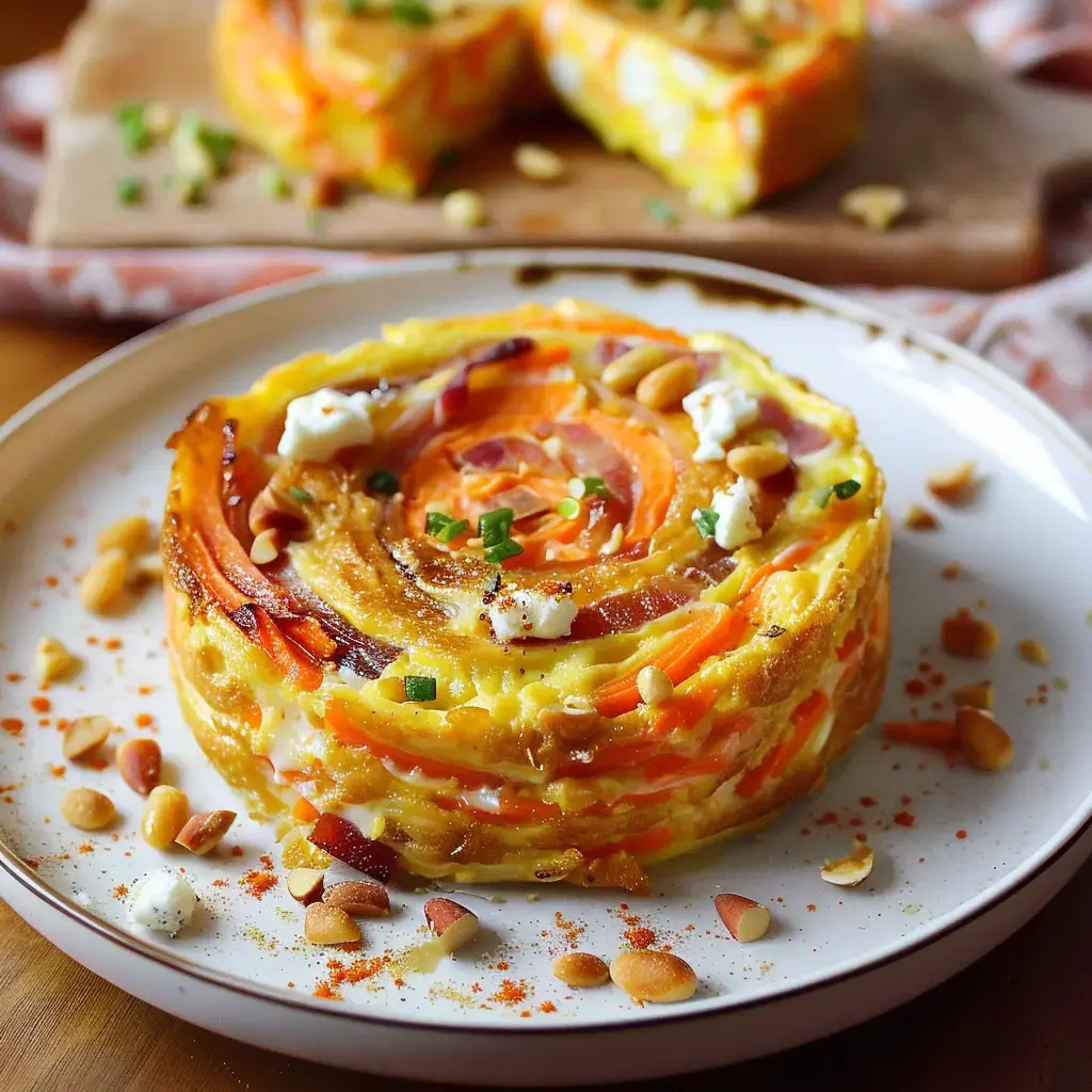 A colorful dish spiraled with veggies, topped with nuts and cheese, served on a platter.