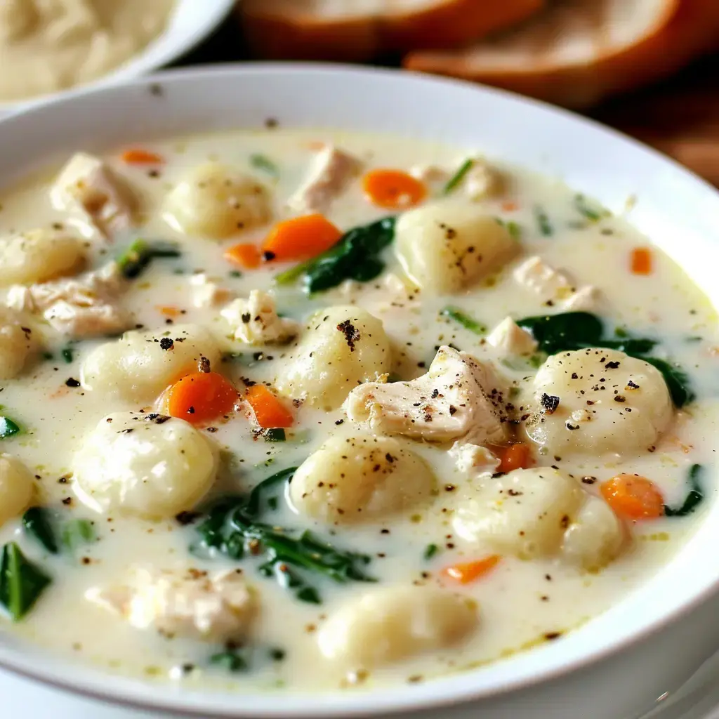 A bowl filled with creamy gnocchi soup, featuring tender chicken, spinach, and bright orange carrots.