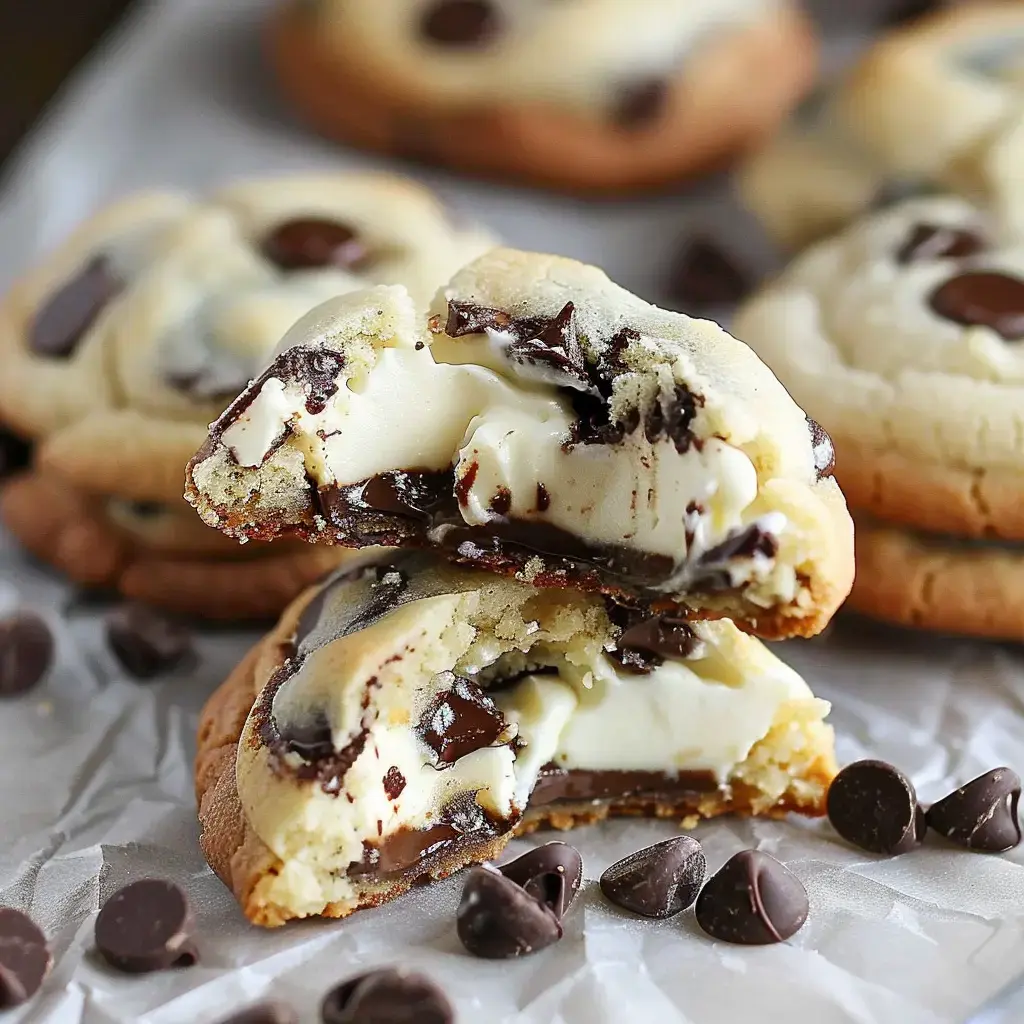 Soft chocolate chip cookies with a creamy center, sliced in half to show the filling.