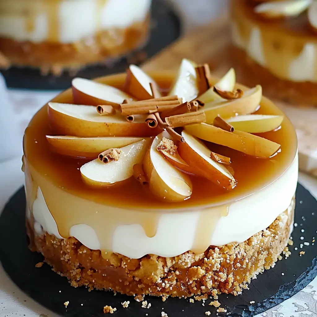 Caramel cake with pear slices and cinnamon, on a biscuit crust background.