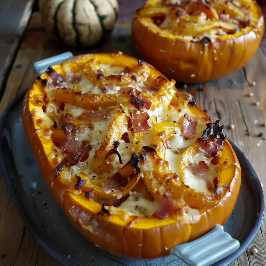 Two halves of squash filled with melted cheese, bacon, and veggies, served on a plate.