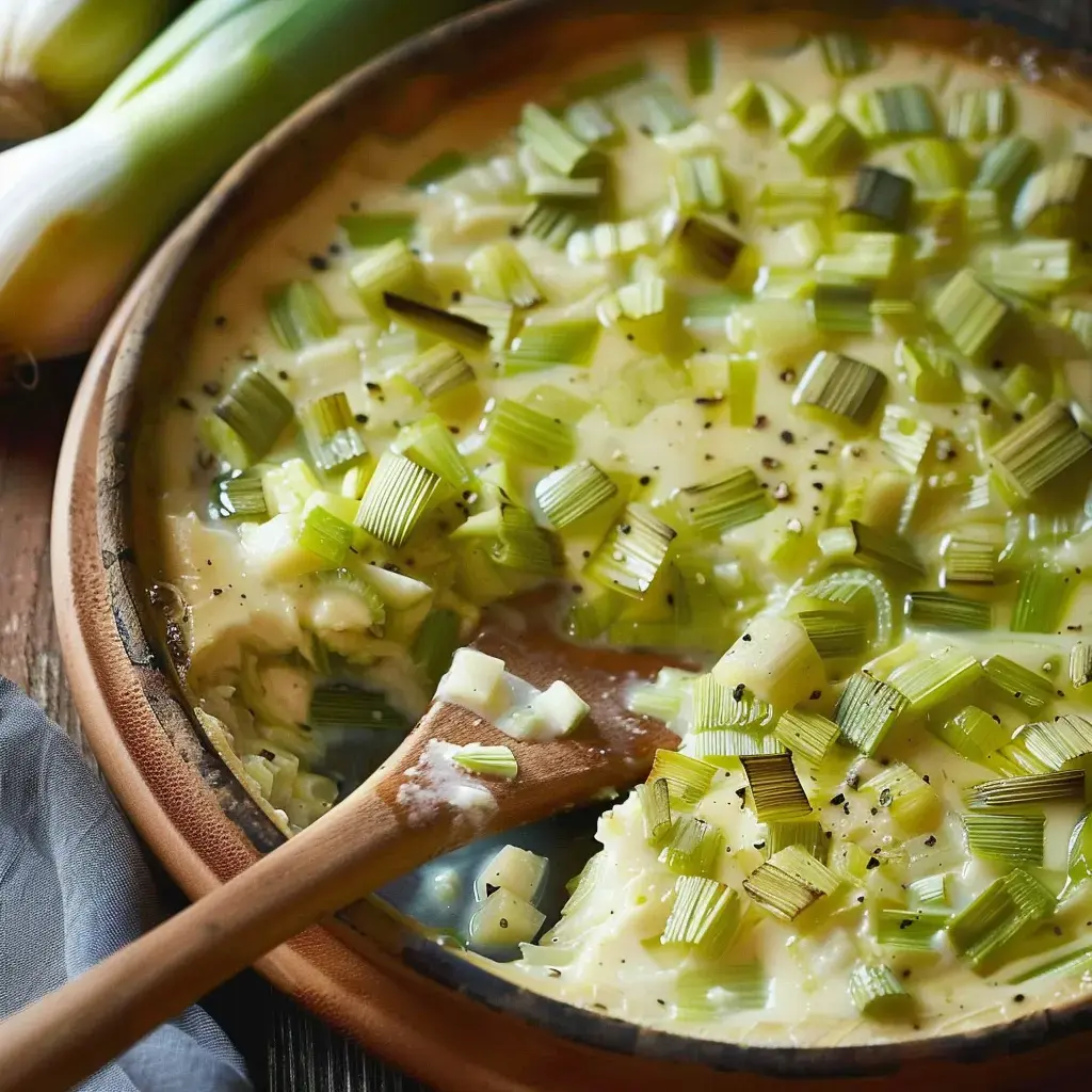 A creamy leek dish topped with fresh leek pieces and pepper seasoning.