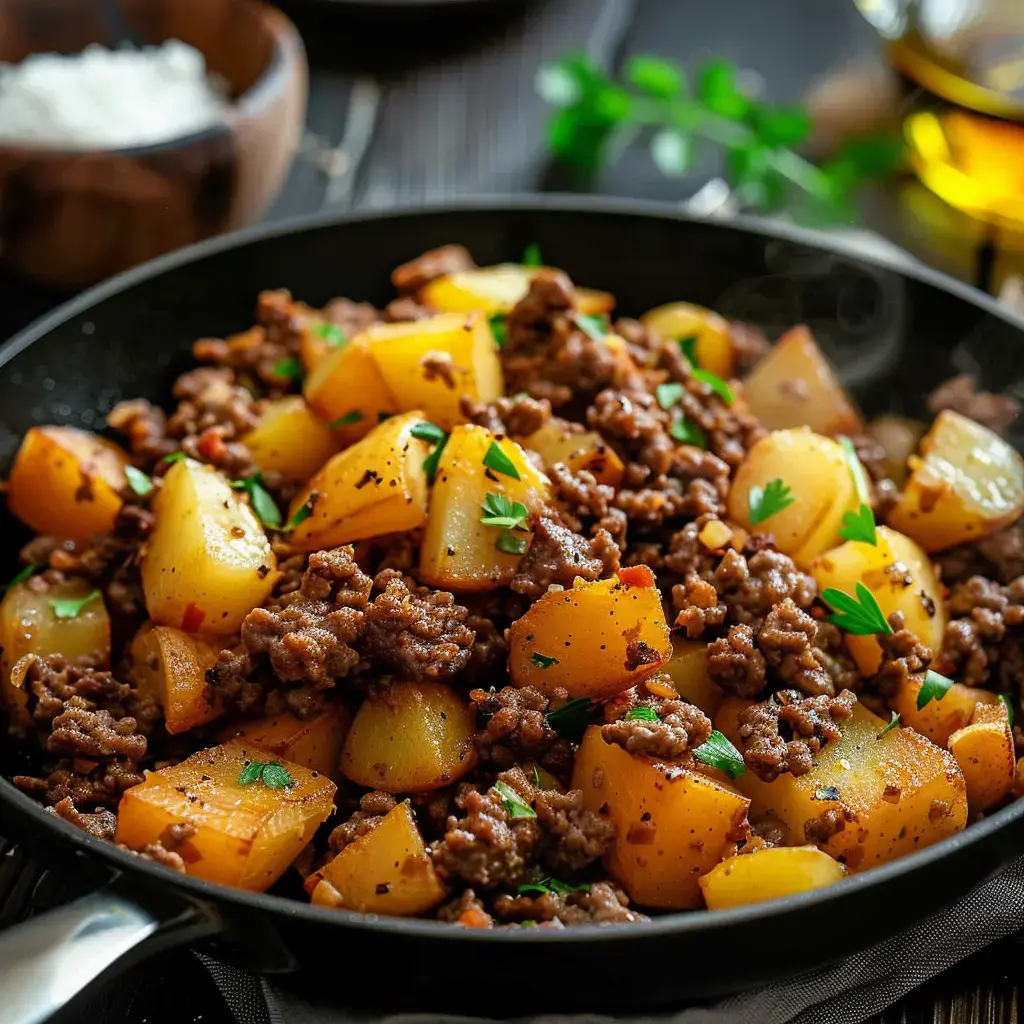 A skillet filled with ground beef and golden potatoes, garnished with fresh parsley, served hot.