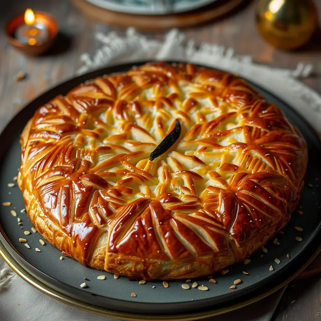 A golden tart covered in beautiful leaf-like patterns, placed on a black plate.