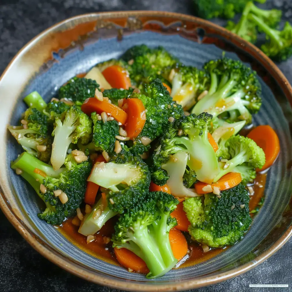 A dish of broccoli and carrots coated in a sauce, topped with nuts.