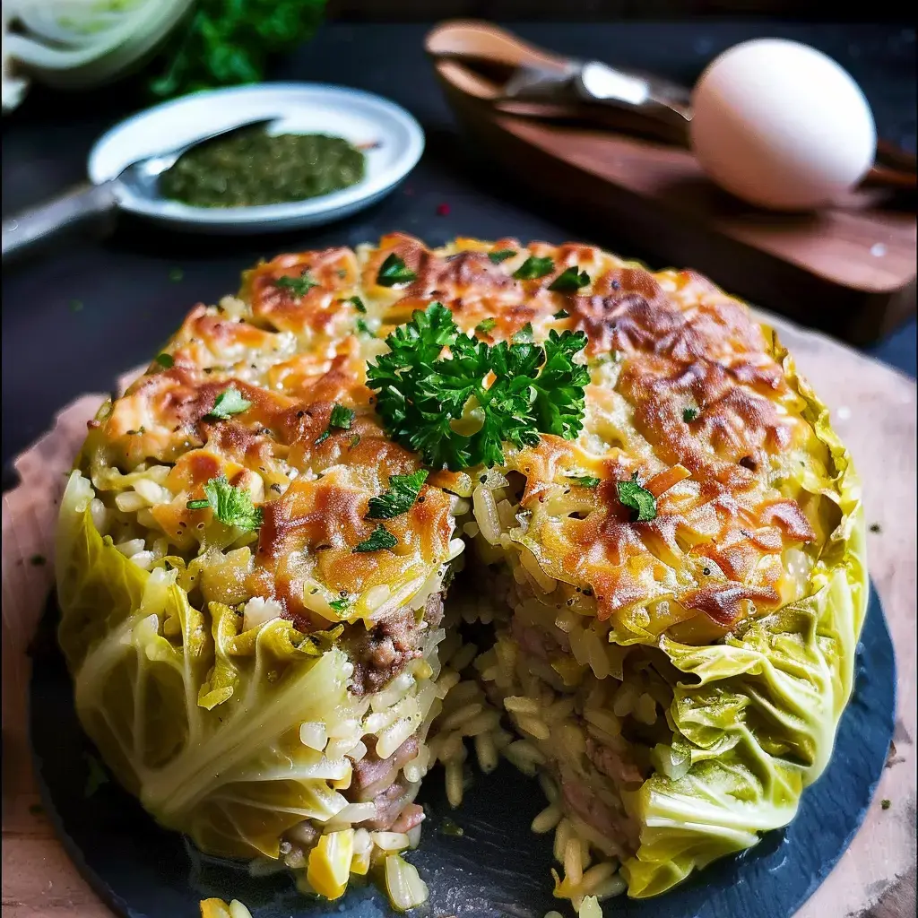 A meat and rice dish wrapped in cabbage leaves, topped with parsley, displayed on a black plate.