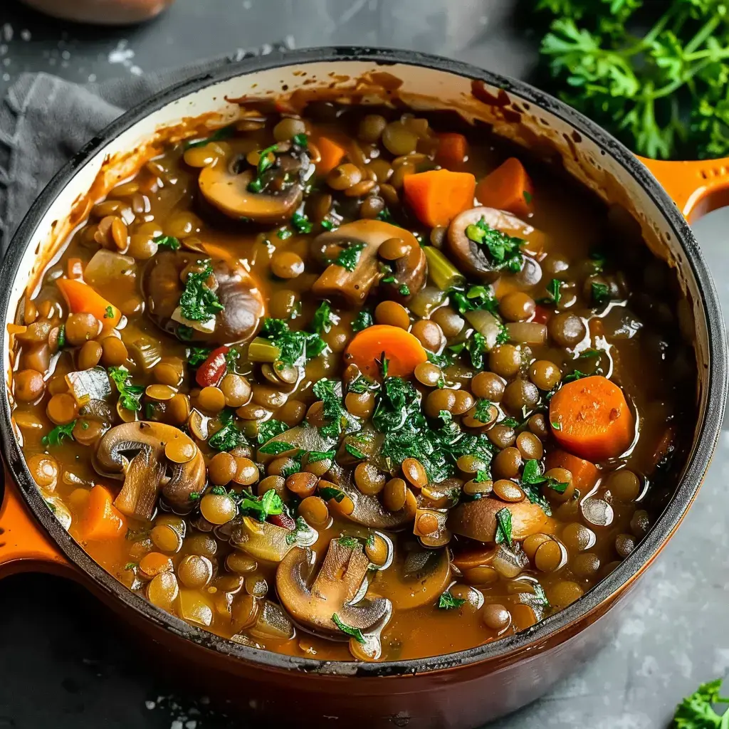 A bowl of lentil and mushroom stew with carrots, garnished with fresh parsley in a cast iron pot.