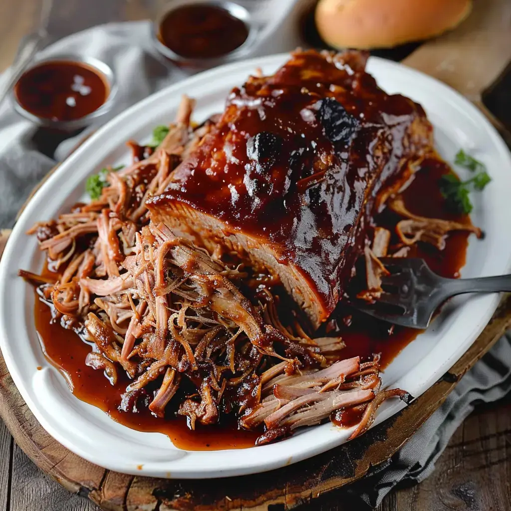 A platter of shredded pork coated in BBQ sauce, served with bread and condiments on the side.