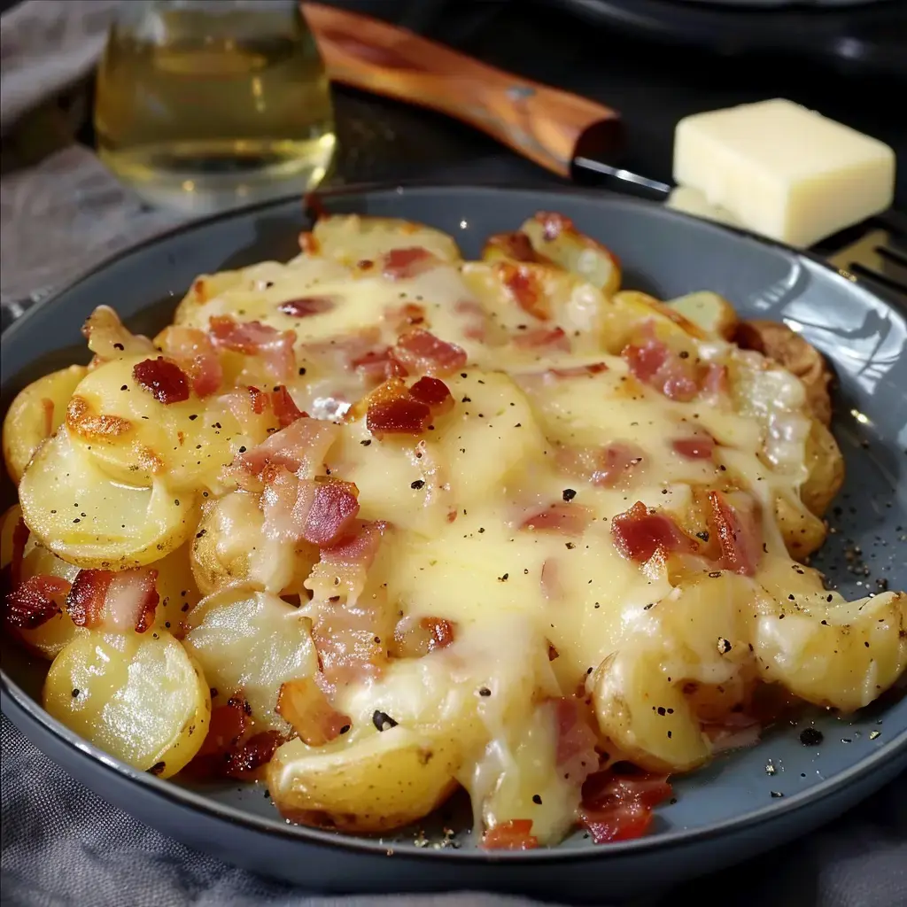 A plate of golden potatoes topped with melted cheese and crispy bacon, served on a gray dish.