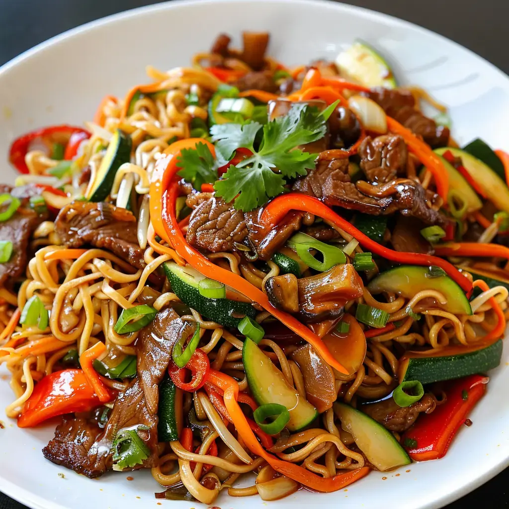 A plate of stir-fry noodles topped with tender beef, crunchy colorful veggies, and fresh cilantro.