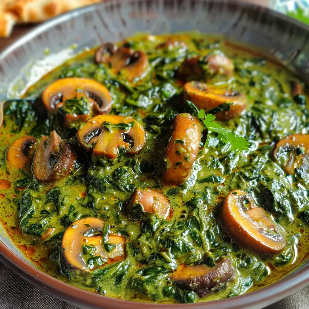 A dish of mushrooms cooked in a spiced green sauce, garnished with fresh spinach leaves.