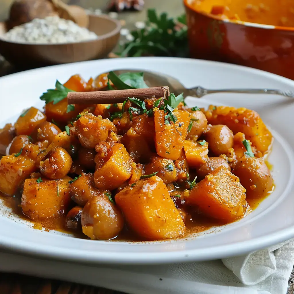 A dish of squash and chickpeas seasoned with spices, garnished with cinnamon and fresh herbs.