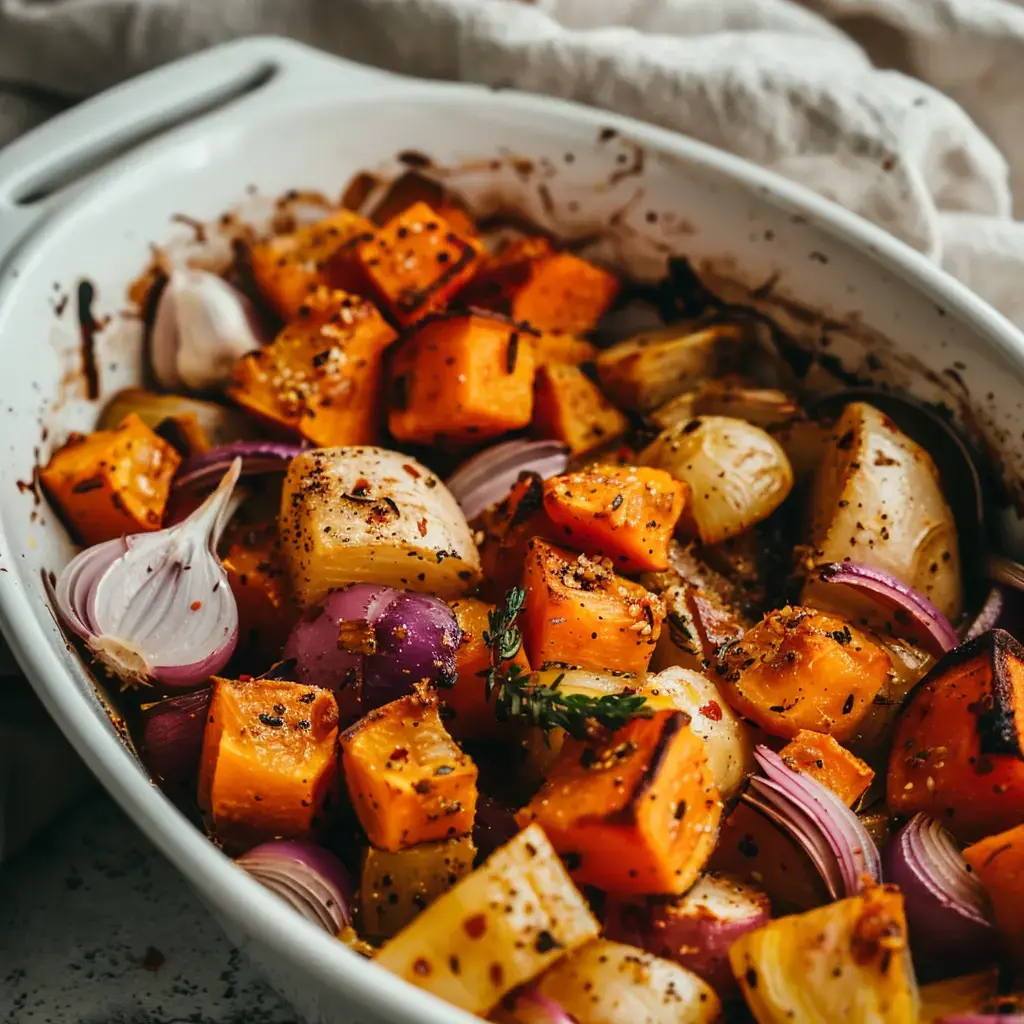 A dish of golden roasted veggies like pumpkin, onions, and garlic chunks, with hints of nutmeg and thyme.