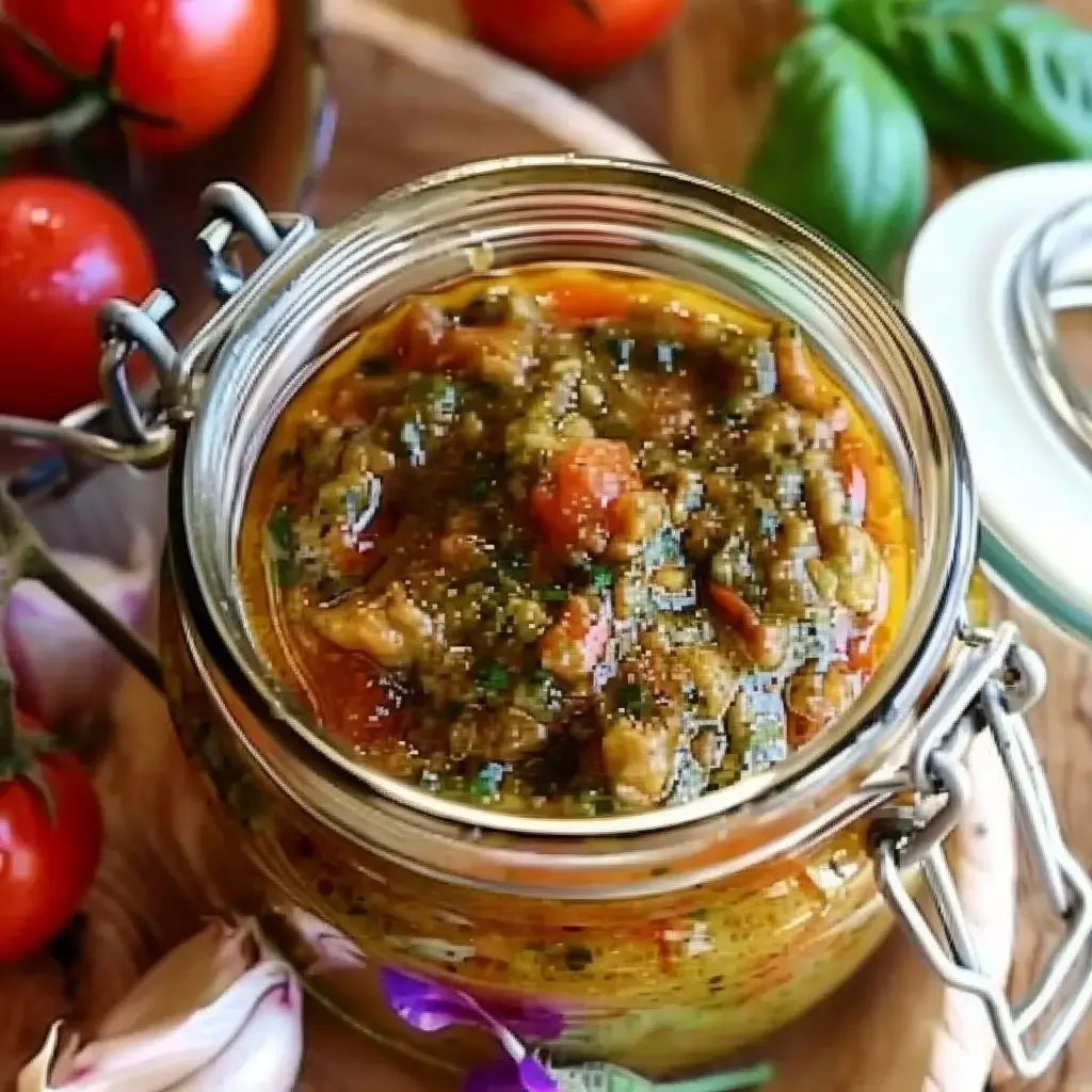 A glass jar filled with a flavorful preparation of tomatoes, herbs, and spices, surrounded by fresh tomatoes and garlic cloves.